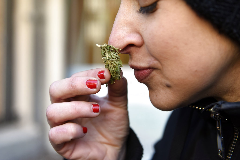 Paula Mussio smells legal marijuana after buying it from a pharmacy in Montevideo, Uruguay, Wednesday, July 19, 2017. Marijuana is going on sale at 16 pharmacies in Uruguay, the final step in applying a 2013 law that made the South American nation the first to legalize a pot market covering the entire chain from plants to purchase. (Matilde Campodonico; The Associated Press)
